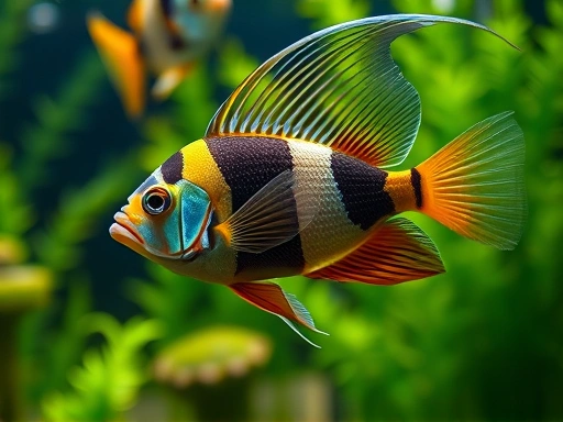 A close-up, detailed shot of an adult Angelfish gracefully swimming in a well-planted aquarium, highlighting its distinct triangular body, flowing fins, and vivid coloration. Emphasize the clear water and natural aquatic environment.