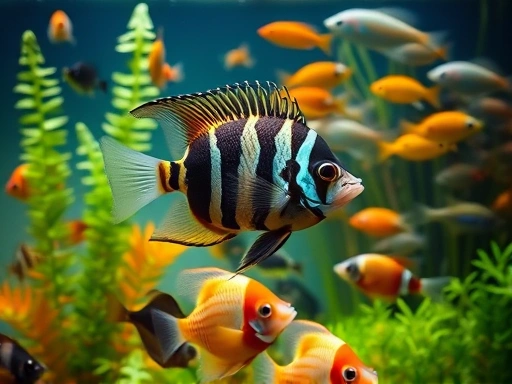 A close-up shot of an angelfish calmly swimming among various compatible fish species like corydoras and peaceful tetras in a large, well-planted tank, emphasizing angelfish compatibility and harmonious cohabitation.