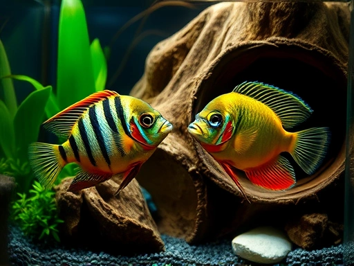 A vibrant male and a gravid female Apistogramma Dwarf Cichlid, in a meticulously set up aquarium with lush plants and coconut cave, demonstrating breeding behavior, capturing the essence of their intricate courtship.