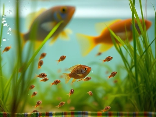 Close-up view of tiny Apistogramma Dwarf Cichlid fry swimming amidst fine aquatic plants in a shallow, well-filtered rearing tank, with their parents guarding them in the background, showcasing early life.