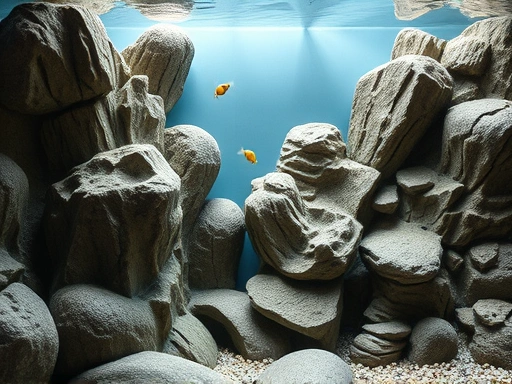 A close-up shot of a highly detailed 3D aquarium background mimicking natural rock formations, with small fish swimming nearby. Emphasize the texture and realistic appearance of the background material.