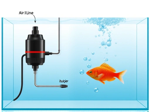 A professional illustration of an aquarium air pump setup, showing the pump, air line, and an air stone releasing fine bubbles in a clear fish tank, emphasizing oxygenation and a healthy aquatic environment.