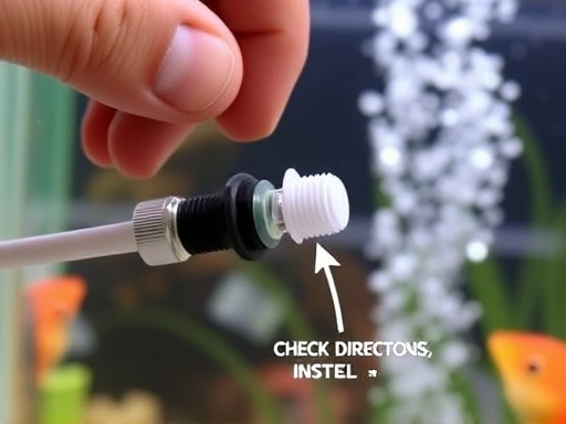 A detailed close-up of a check valve being installed on an aquarium air pump tubing, emphasizing the correct direction and secure connection. The background shows a portion of the fish tank with rising air bubbles.