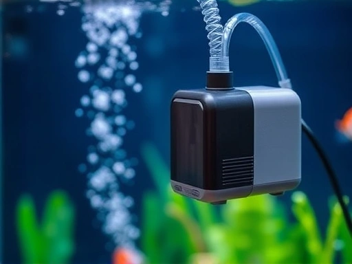 A close-up shot of a modern, quiet aquarium air pump, with clear tubing connecting to a vibrant, healthy fish tank, showing gentle bubbles rising. Focus on the pump's sleek design and its silent operation, conveying efficiency and calm.