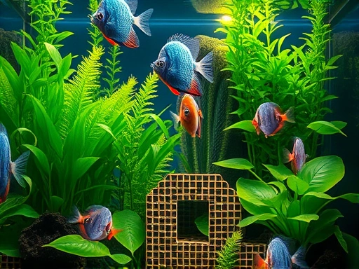 A detailed and vibrant aquarium scene with lush green aquatic plants and fish, showcasing effective algae control and crystal-clear water, emphasizing the balance of a healthy aquatic ecosystem.