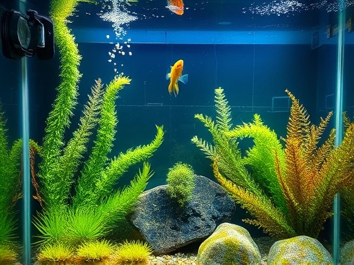 A clean, vibrant freshwater aquarium with various types of green and brown algae visible on glass and decorations, illustrating the problem.