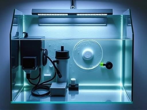 A detailed top-down view of a modern, clean aquarium setup with essential equipment like filter, heater, and light, ready for water. Focus on clear organization and clean lines, showing the initial setup phase. Include clear water and a subtle light glow.