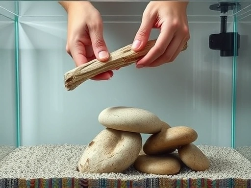 Close-up on a pair of hands carefully placing a piece of driftwood or smooth river stones into an empty, clean aquarium, with a subtle water level line in the background. Emphasize the precision and care during the setup process. Show the texture of the substrate and the natural elements.