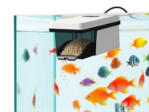 A sleek, modern automatic fish feeder attached to the edge of a clear glass aquarium, with various colorful tropical fish swimming inside. The feeder is dispensing small flakes of food, creating ripples on the water surface, highlighting the efficiency of automated feeding.