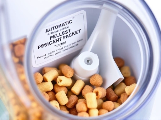 Close-up of an automatic fish feeder's food compartment, showing dry fish pellets and a desiccant packet to prevent moisture. The dispenser nozzle is visible, emphasizing the precise mechanism for feeding.
