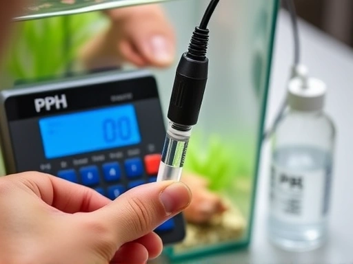 A close-up shot of an aquarist calibrating a pH probe for an aquarium auto pH controller, with a digital display showing precise readings and a calibration solution bottle nearby.