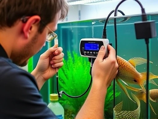 An aquarist carefully installing an automatic pH controller on a thriving freshwater aquarium, with various tubes and wires connected, showing a clear, calm environment.