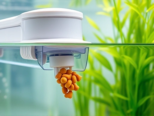 A close-up shot of an automatic fish feeder dispensing pellets into a clear, well-maintained aquarium, highlighting the precise mechanism and smart features, with green aquatic plants in the background.