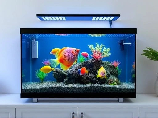 A modern, sleek aquarium with various automatic management devices visible like an auto feeder and smart lighting, set in a clean, minimalist home environment, emphasizing convenience and peace of mind for aquarium owners.