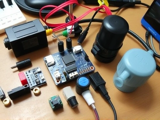 Close-up view of various electronic components for aquarium automation, including a small microcontroller board, different types of sensors (temperature, pH), and miniature pumps, meticulously laid out on a workbench.