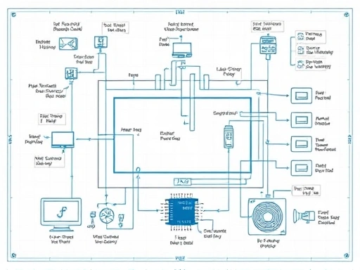 A detailed blueprint or schematic of an automated aquarium system, showing various sensors, pumps, and a central microcontroller, with clean lines and technical illustrations, on a light background.