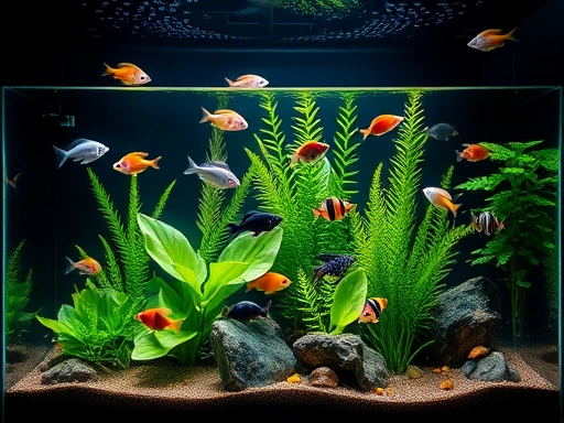 A professional, well-maintained aquarium with diverse fish and vibrant green plants, showcasing a sleek, dark film background that enhances depth and contrast. Focus on the overall aesthetic and healthy aquatic life.