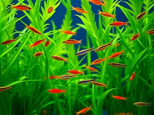 A close-up shot of small, colorful fish, such as Guppies and Neon Tetras, swimming among lush green aquatic plants in a well-maintained freshwater aquarium. The water is clear, and the fish appear healthy and active, highlighting beginner-friendly fish and plants.
