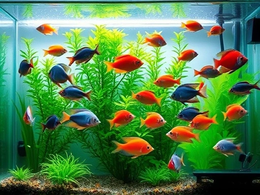 A serene and healthy freshwater aquarium, with clear water, lush green plants, and a diverse group of colorful, thriving fish swimming peacefully. The lighting is soft and natural, highlighting the vibrant ecosystem. Include essential aquarium equipment like a filter and heater discreetly in the background. Focus on a sense of balance and calm in the fish tank, implying successful aquarium management by a beginner who has avoided common pitfalls. Natural daylight ambiance.