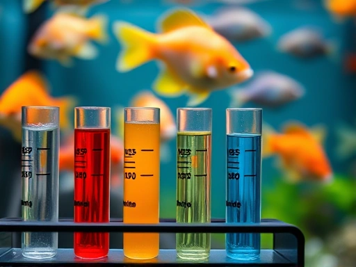 A close-up shot of an aquarium water testing kit, showing various test tubes with different colored water samples, indicating pH, ammonia, nitrite, and nitrate levels. In the background, slightly blurred, are healthy fish swimming in clear water. Emphasize the scientific and careful aspect of water quality management. The image should convey precision and attention to detail, contrasting with mistakes often made by beginners.