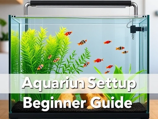A clean, modern home aquarium setup, viewed from the front, with a clear glass tank, vibrant green plants, and a variety of small, colorful fish swimming peacefully. The background is slightly blurred to emphasize the aquarium. Focus on the initial setup phase for an aquarium beginner guide.