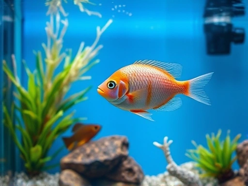 A vibrant aquarium with a healthy fish swimming in crystal clear water, showcasing the ideal result of effective biological filtration, with various filter media subtly visible in the background, clean and professional. Aquarium filter media, healthy fish, clean water.