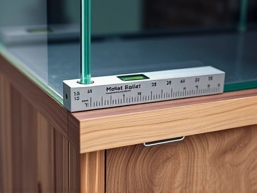 A close-up shot of a modern aquarium cabinet, showcasing its sturdy construction and waterproof finish, with a spirit level checking its perfect balance. Focus on wood grains and metal reinforcements.