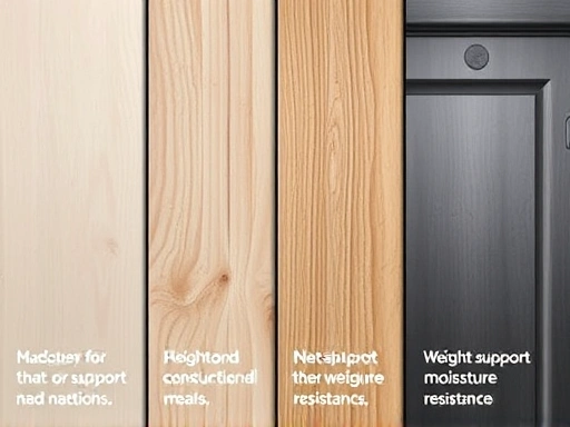Detailed shot of various aquarium cabinet materials (MDF, plywood, solid wood, metal) side-by-side, highlighting their textures and construction for weight support and moisture resistance.