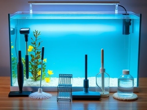 A brightly lit, clean aquarium with various specialized cleaning tools neatly arranged beside it on a wooden table, emphasizing ease of use and maintenance. Focus on a clear, healthy aquatic environment.