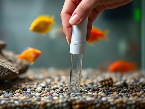 Close-up shot of a hand gently using an aquarium gravel vacuum (siphon) to clean the substrate, with clear water and some fish swimming calmly in the background, showing precise and careful cleaning.