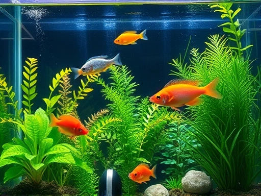A close-up shot of a meticulously maintained freshwater aquarium, highlighting clear water, healthy aquatic plants, and colorful fish, symbolizing the absence of algae issues.