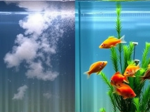 A side-by-side view of an aquarium. On the left, the water is hazy and murky, depicting a cloudy tank problem. On the right, the water is crystal clear with vibrant fish and green plants, illustrating the desired outcome. The contrast is sharp and visually engaging, suitable for a blog about aquarium water clarity.