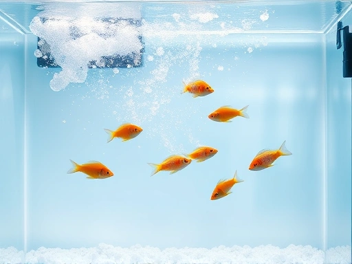 A beautiful, crystal-clear aquarium with fish swimming freely, illustrating the desired outcome of clear water after applying effective removal methods for cloudy water and fine particles, with a bright, clean aesthetic.