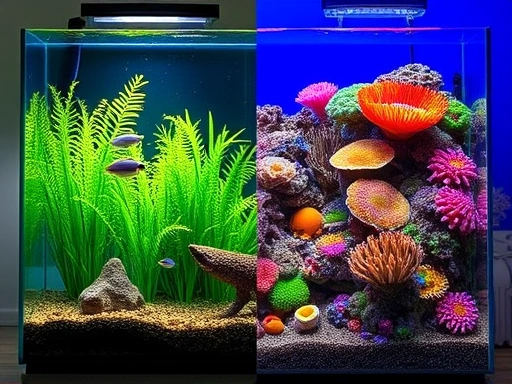 A visually balanced split image showing a simple, lush green freshwater aquarium on one side and a complex, vibrant saltwater coral reef aquarium on the other, highlighting the clear differences in setup and aesthetic.