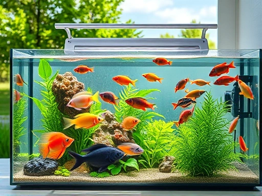 A modern, well-maintained aquarium with diverse fish and lush plants. A sleek, efficient aquarium cooler is subtly integrated, maintaining optimal temperature during a warm summer day, illustrating healthy aquatic life and advanced technology.