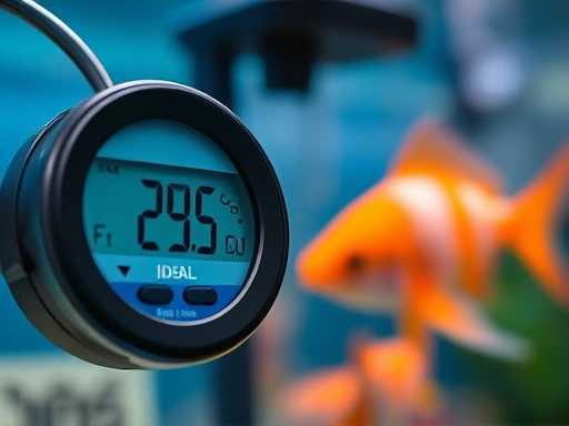 A close-up shot focusing on a digital aquarium thermometer displaying a stable, ideal temperature, with a high-tech cooling fan or chiller subtly visible in the background, emphasizing precise temperature control and healthy fish in clear water.