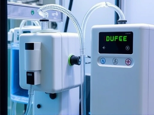 A detailed view of a modern aquarium chiller connected to a filtration system, with clear tubing and digital display, in a clean, functional setup. Lighting: bright and technical.