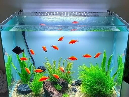 A high-angle shot of a beautifully maintained home aquarium with a clear glass cover, featuring various colorful fish and lush green plants, emphasizing a serene and balanced aquatic environment.