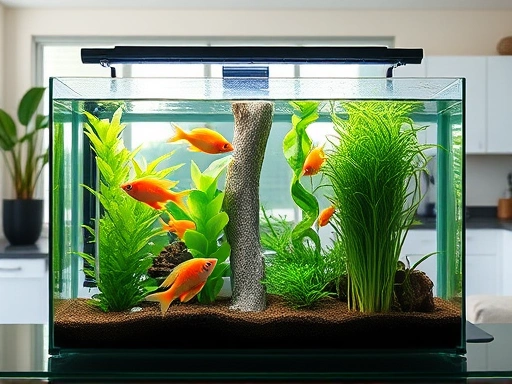 A clean, well-lit aquarium setup in a modern living room, with various aquatic plants and some colorful, healthy fish swimming calmly. Emphasize a serene, established aquatic environment, showing the success of proper aquarium cycling.