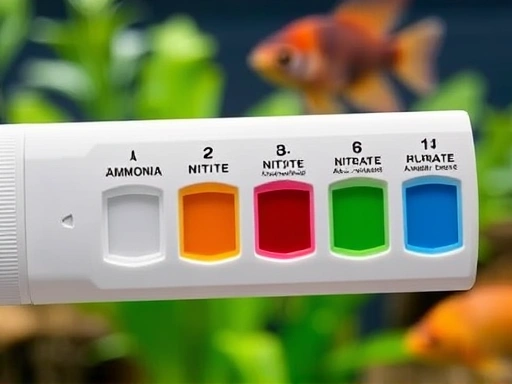 Close-up of an aquarium water test kit showing different color reactions for ammonia, nitrite, and nitrate, with a blurred background of an aquarium. Focus on the chemical test results, illustrating the scientific aspect of water quality testing during aquarium cycling.