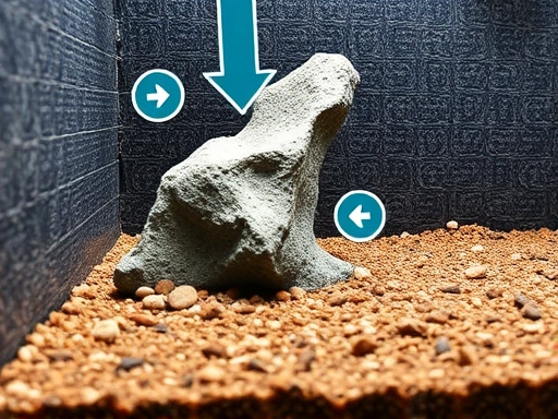 A close-up shot of an aquarium corner with substrate and a decorative rock, clearly showing no debris accumulation and illustrating good water flow around obstacles. SEO: dead zone prevention, aquarium layout, clean substrate, water movement.