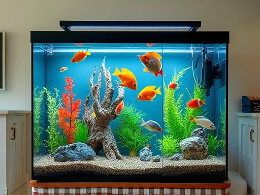 A beautifully decorated home aquarium with healthy, colorful fish swimming among natural-looking plants and driftwood, in a clean, well-lit living room setting, showcasing a serene underwater ecosystem.