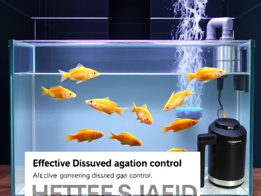 A clear, well-maintained aquarium with healthy fish swimming calmly, and a gentle surface agitation from a filter output, illustrating effective dissolved gas control and a balanced aquarium environment.