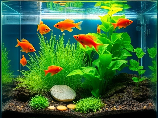 A vibrant and healthy freshwater aquarium, showcasing clear water, thriving fish, lush green plants, and a subtle visual representation of beneficial bacteria working within the filter media, emphasizing ecological balance and stability.