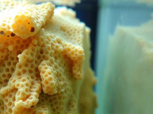Close-up detail of biological filter media inside an aquarium, showing porous surfaces where beneficial bacteria would colonize, with a translucent, calm water effect, highlighting the unseen microbial activity crucial for tank stability and health.