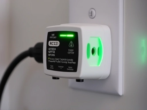 A close-up shot of a modern residual current device (RCD) or ground fault circuit interrupter (GFCI) plugged into an electrical outlet, with a green light indicating it's active, showcasing its safety feature. SEO: RCD, GFCI, electrical safety device, close-up, power outlet.