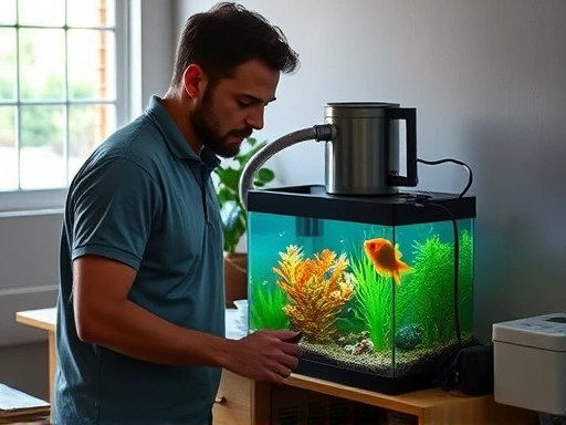 An aquarist calmly using a battery-powered air pump to supply oxygen to a small, vibrant fish tank during a simulated power outage, with natural light from a window and minimal clutter.