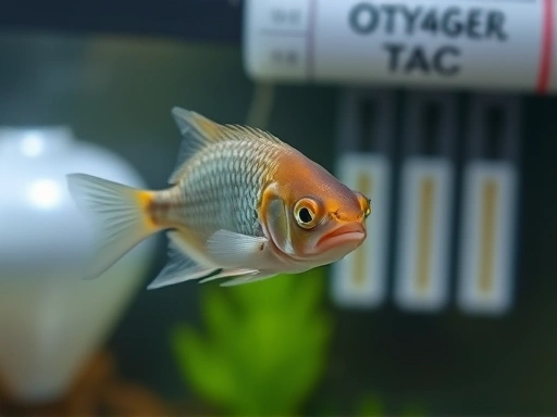 A close-up shot of a small, stressed-looking fish in an aquarium, with a blurred background showing an oxygen bubble stone and water quality test strips. The fish's fins are slightly clamped, indicating distress, highlighting the need for immediate aquarium emergency response.