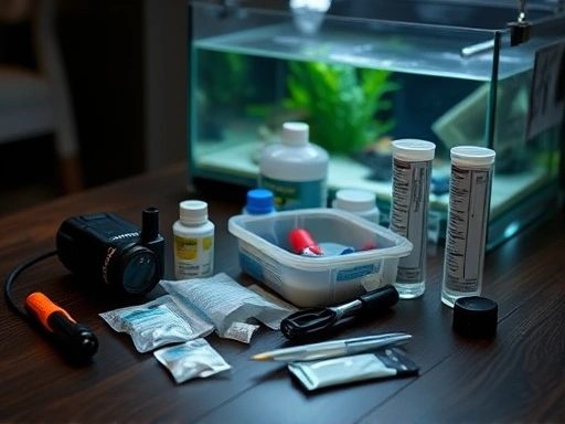 A detailed close-up shot of an emergency aquarium kit with essential tools like a battery-powered air pump, water test kit, and medications, arranged neatly on a dark wooden table, with soft, focused lighting to highlight each item. The background is blurred to keep the focus on the kit.