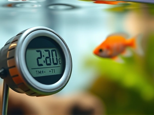 A close-up of a digital aquarium thermometer showing a stable water temperature, with a gentle ripple on the water surface and a small, healthy fish swimming by in the blurred background. Emphasize detail and healthy aquatic conditions.
